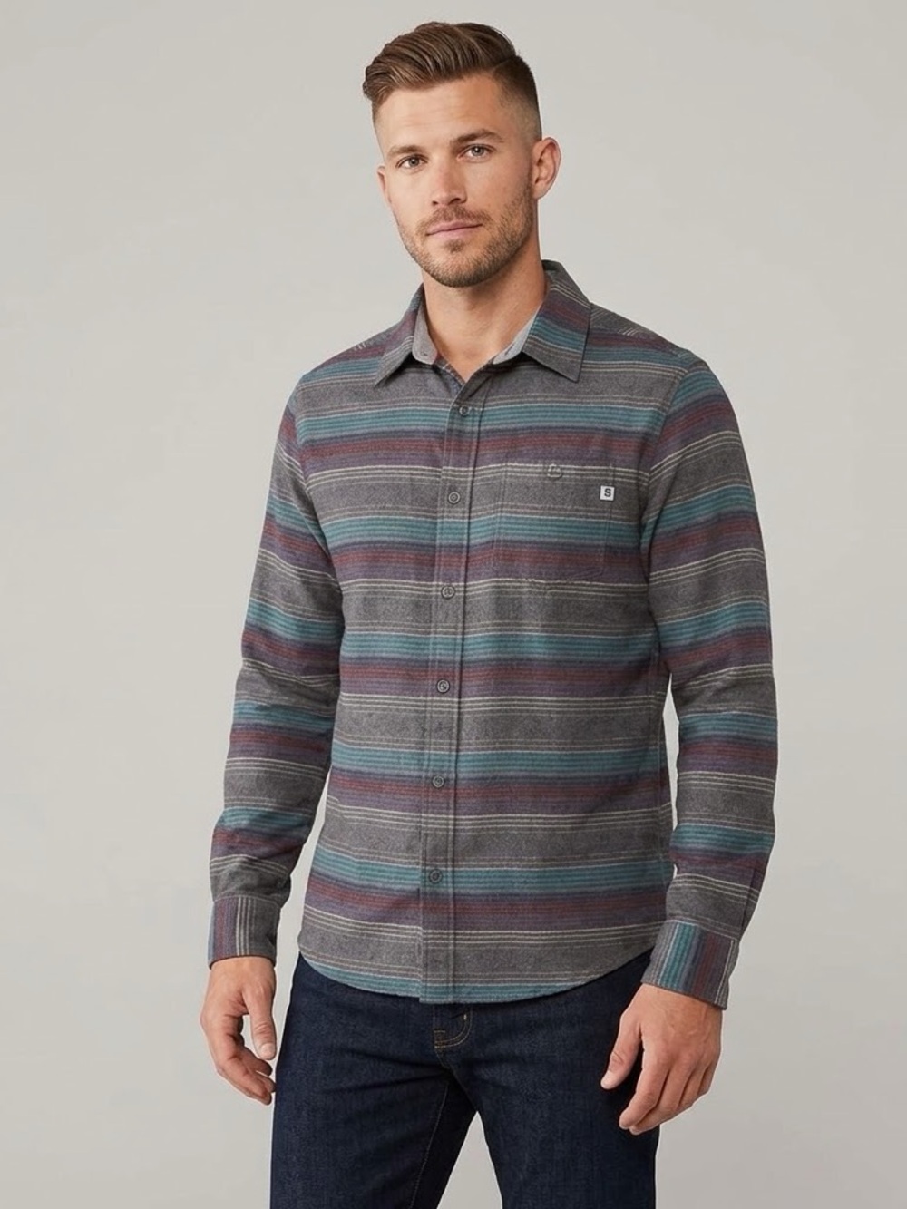 Marmot Men's Striped Button-Up Shirt in Charcoal & Teal Midweight Flannel Medium